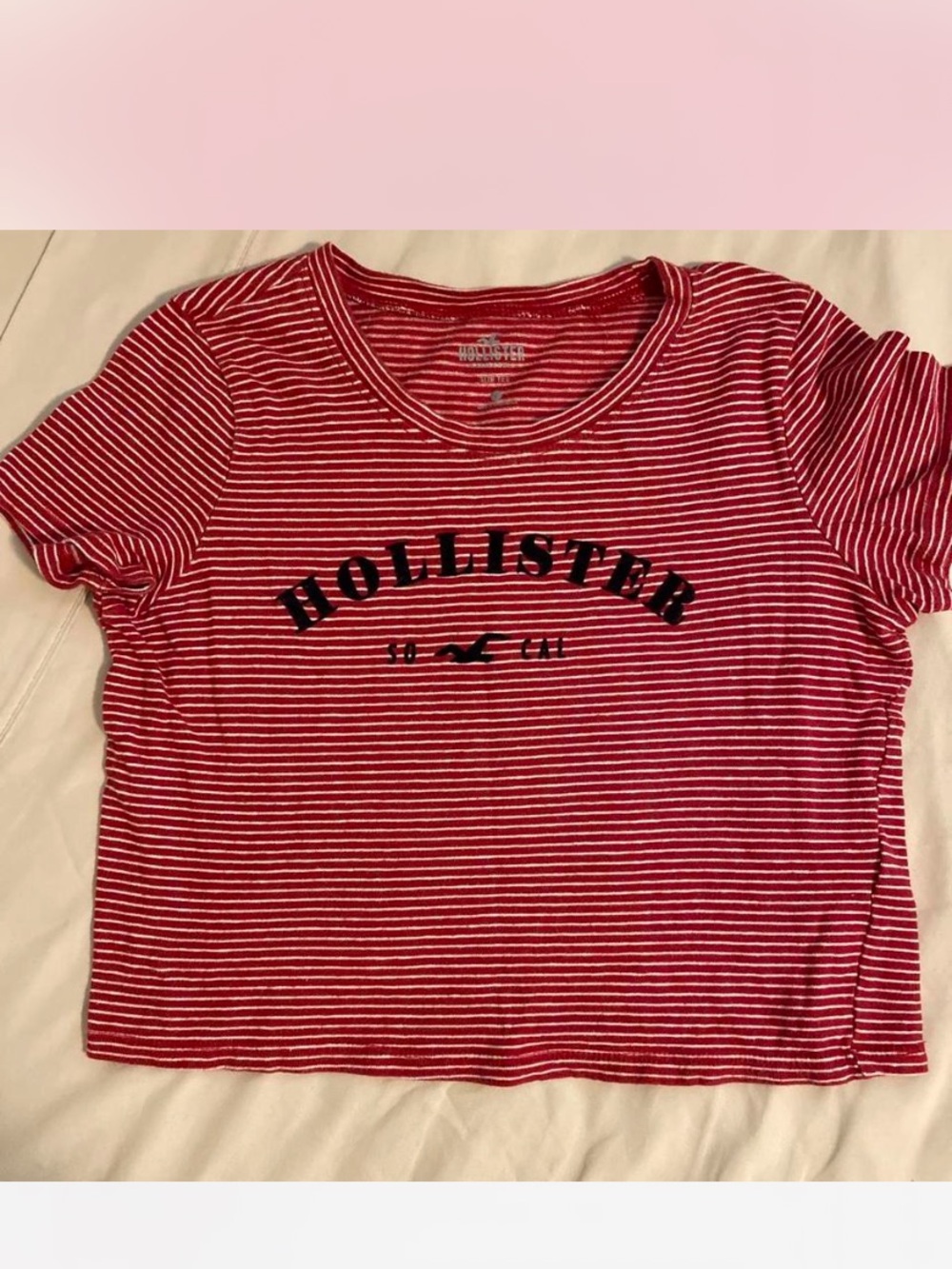 Hollister Red & White Striped Logo Crop Top Sz S